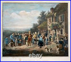 L'Ouverture de la Chasse, Lithographie aquarellée, Estampe ancienne, XIXe