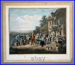 L'Ouverture de la Chasse, Lithographie aquarellée, Estampe ancienne, XIXe