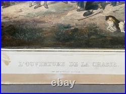 L'Ouverture de la Chasse, Lithographie aquarellée, Estampe ancienne, XIXe