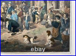 L'Ouverture de la Chasse, Lithographie aquarellée, Estampe ancienne, XIXe
