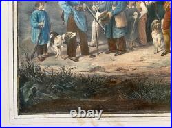 L'Ouverture de la Chasse, Lithographie aquarellée, Estampe ancienne, XIXe