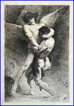 Léon Bonnat Gravure Eau Forte Etching Mythologie Lutte Ange Nu Masculin 1876