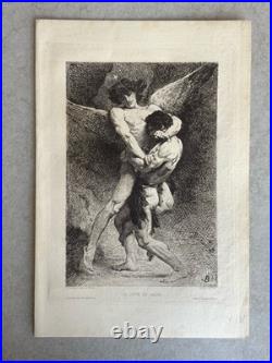 Léon Bonnat Gravure Eau Forte Etching Mythologie Lutte Ange Nu Masculin 1876