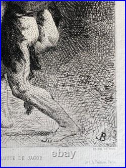 Léon Bonnat Gravure Eau Forte Etching Mythologie Lutte Ange Nu Masculin 1876