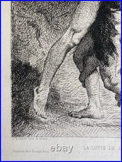 Léon Bonnat Gravure Eau Forte Etching Mythologie Lutte Ange Nu Masculin 1876
