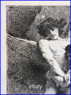 Léon Bonnat Gravure Eau Forte Etching Mythologie Lutte Ange Nu Masculin 1876