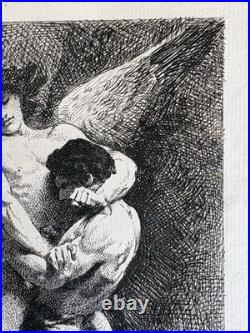 Léon Bonnat Gravure Eau Forte Etching Mythologie Lutte Ange Nu Masculin 1876