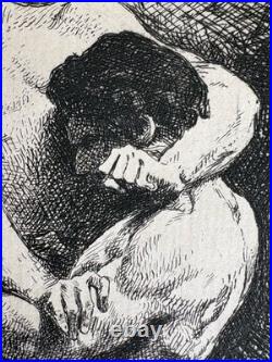 Léon Bonnat Gravure Eau Forte Etching Mythologie Lutte Ange Nu Masculin 1876