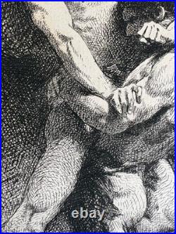 Léon Bonnat Gravure Eau Forte Etching Mythologie Lutte Ange Nu Masculin 1876