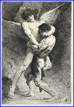 Léon Bonnat Gravure Eau Forte Etching Mythologie Lutte De Jacob Et L'ange 1876