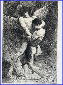 Léon Bonnat Gravure Eau Forte Etching Mythologie Lutte De Jacob Et L'ange 1876