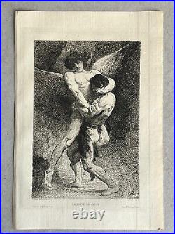 Léon Bonnat Gravure Eau Forte Etching Mythologie Lutte De Jacob Et L'ange 1876