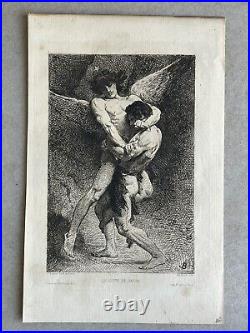 Léon Bonnat Gravure Eau Forte Etching Mythologie Lutte De Jacob Et L'ange 1876