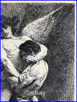 Léon Bonnat Gravure Eau Forte Etching Mythologie Lutte De Jacob Et L'ange 1876