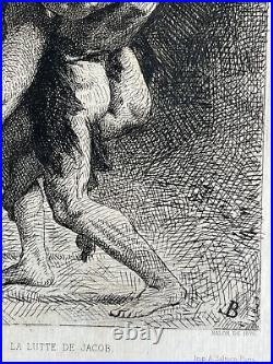 Léon Bonnat Gravure Eau Forte Etching Mythologie Lutte De Jacob Et L'ange 1876