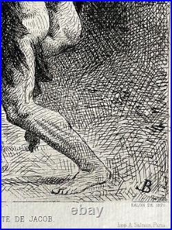 Léon Bonnat Gravure Eau Forte Etching Mythologie Lutte De Jacob Et L'ange 1876