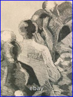 Lithographie Expressionniste Foule Gravure Mizoni Etching Ancien Old Original