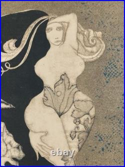 Lithographie Gravure Signée Japon Femme Estampe Ancien 1970 Ancien À Identifier