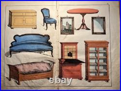 Lithographie ancienne 1838 tableau colorié main aquarelle brocante art