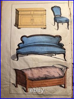 Lithographie ancienne 1838 tableau colorié main aquarelle brocante art