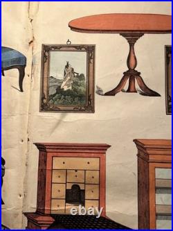 Lithographie ancienne 1838 tableau colorié main aquarelle brocante art