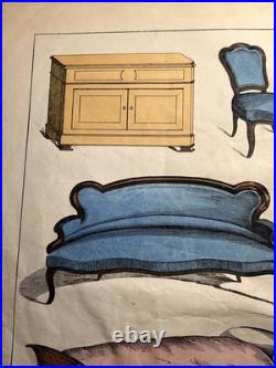 Lithographie ancienne 1838 tableau colorié main aquarelle brocante art