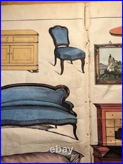 Lithographie ancienne 1838 tableau colorié main aquarelle brocante art