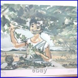Lithographie ancienne vintage encadrée, signée, enfant avec branche d'olivier