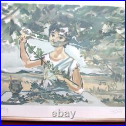 Lithographie ancienne vintage encadrée, signée, enfant avec branche d'olivier