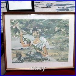 Lithographie ancienne vintage encadrée, signée, enfant avec branche d'olivier