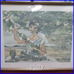 Lithographie ancienne vintage encadrée, signée, enfant avec branche d'olivier