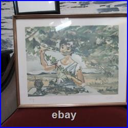 Lithographie ancienne vintage encadrée, signée, enfant avec branche d'olivier