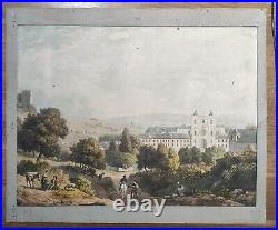 Lithographie aquarellée du XIXe, Paysage avec monastère aux fenêtres ajourées