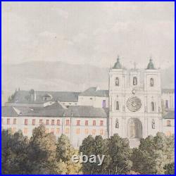 Lithographie aquarellée du XIXe, Paysage avec monastère aux fenêtres ajourées