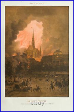 Lithographie de 1873. La Sainte Chapelle et les incendies. Commune de Paris