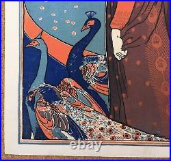 Lithographie originale Art Nouveau Femme au paon Louis Rhead style Mucha 1899