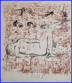 Lithographie originale, Nu féminin et figures oniriques, 1966, numérotée 43/100