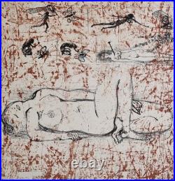 Lithographie originale, Nu féminin et figures oniriques, 1966, numérotée 43/100