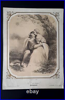 Lithographie originale XIXème d'apres Frappaz scène romantique amour couple