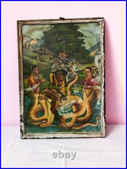 Lord Krishna Dance On Snake Head Lithographie Ravi Varma Print Antique