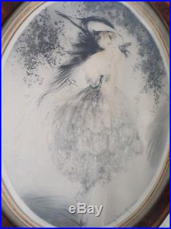 Louis Icart-Aquatinte-eau forte-Femme-l'oiseau favori-Paris-1920-art déco-cadre