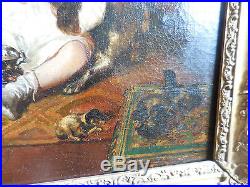 Magnifique peinture pompier signée d, un enfant jouets chiots ds encadrement d, or