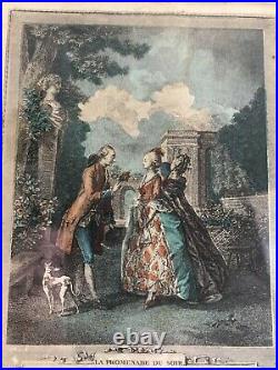 Paire gravure romantique couleurs Promenade du soir matin Freudeberg Ingouf 1774