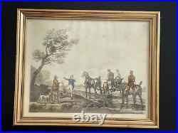 Paire gravures romantiques promenade à cheval et en caleche 1840 1850 cadre