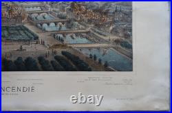 Paris incendié lithographie originale colorisée de Ch. Rivière imp Lemercier XIX