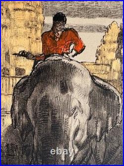 Paul JOUVE Gravure Lithographie Art Deco Éléphant Cornac Au Temple Angkor Vat