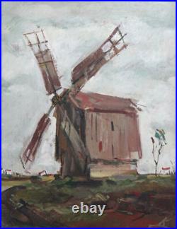Paysage moulin à vent peinture à l'huile signée