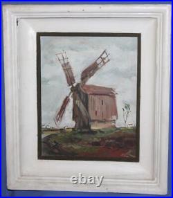 Paysage moulin à vent peinture à l'huile signée