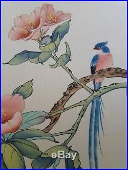 Peinture sur soie asiatique signé Oiseau sur branche fleuri début XXème