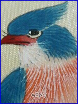 Peinture sur soie asiatique signé Oiseau sur branche fleuri début XXème